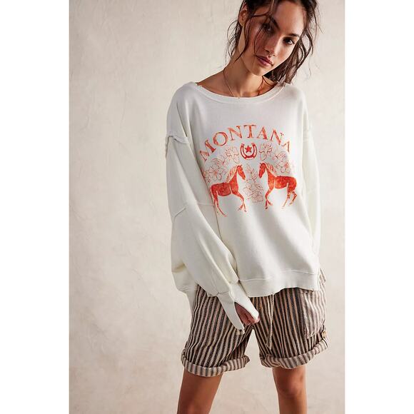 Free People We The Free Graphic Camden Pullover Sweatshirt Coconut Combo Montana - Picture 2 of 7